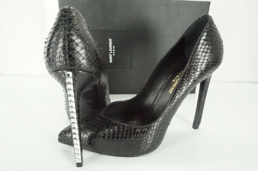 Saint Laurent Black Snake Paris Crystal Heel Pointy Toe Pumps